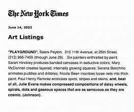 Julie Evans Press: JULIE EVANS featured in "Playgroud", The New York Times, June 14, 2002 - Ken Johnson