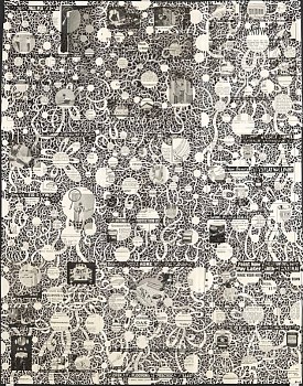 Work:&nbsp;Grossman's Ecstasy, 2009 ink on vintage catalog pages framed 33 x 25 inches LEIB061