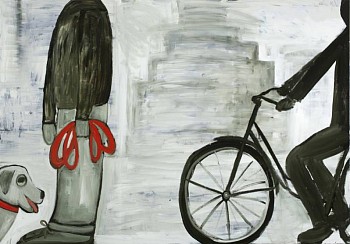 Work: The Dog, The Man, The Bike, All Along the Hudson River, 2010 oil on canvas 96 x 120 inches lyn492