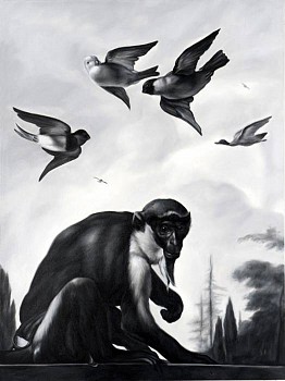 Work:&nbsp;On the Wall, Monkey and Birds (after Hondecoeter), 2010 oil on canvas 48 x 36 inches REE091