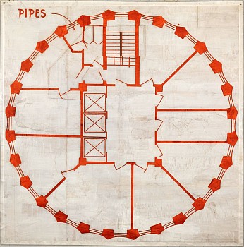 Work:&nbsp;Pipes (White), 2013 ink on silk mounted on paper 67 x 68 inches BROD279
