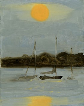 Work:&nbsp;3 Boats and Sun, 2015 oil on panel 10 x 8 inches lyn605