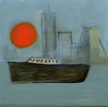 Work:&nbsp;Boat and Orange Sun, 2016 oil on panel 14 x 14 inches / 15 x 15 inches framed lyn643