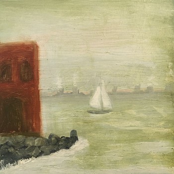 Work:&nbsp;Sailboat and Building, 2016 oil on panel 10 x 10 inches / 11 x 11 inches framed lyn656