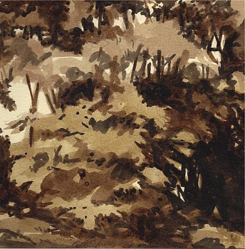 Peter Schroth -&nbsp;Sienna Landscape #7, 2012 plein air wash drawing 12 x 10 inches paper / 6 x 6 inches image SCHR698