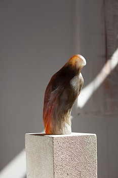 Work: Jane Rosen Crystal Bird on Linen, 2017 kiln cast glass on linen grey limestone 58 x 8 x 11 inches ROSEN288