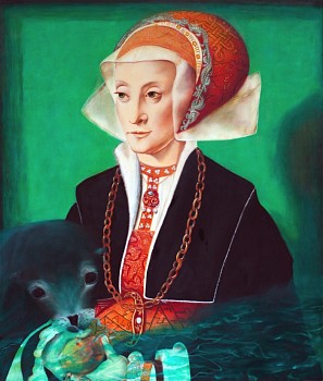 Andrea Hornick (LA) - Seal Flirts with Innocent Apple while Lady Mourns her Rigidity..., 2014 oil on linen 20 x 19 inches HORN003