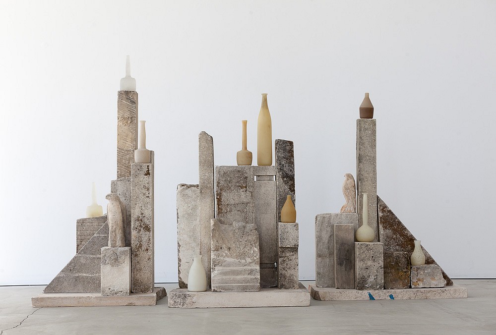 Jane Rosen
Moss Morandi, 2015
limestone, cast glass, and blown glass elements, 55 x 94 x 28 inches