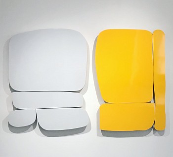 Work:&nbsp;Andrew Zimmerman Golden Yellow and Glacier White Installation, 2018 Automotive paint on wood ZIM592