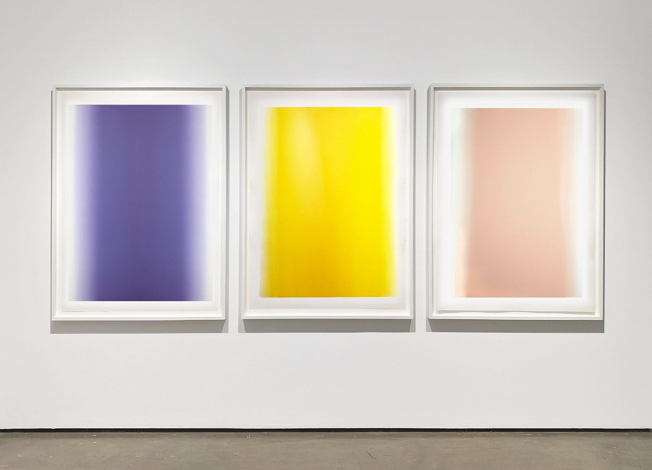 Betty Merken
Illumination Installation, 2020
MER945
monotype on rives bfk paper, 54 x 39 inch paper / 58 x 43 inch frames / 58 x 133 inch group
Sapphire, Yellow, Rose Quartz