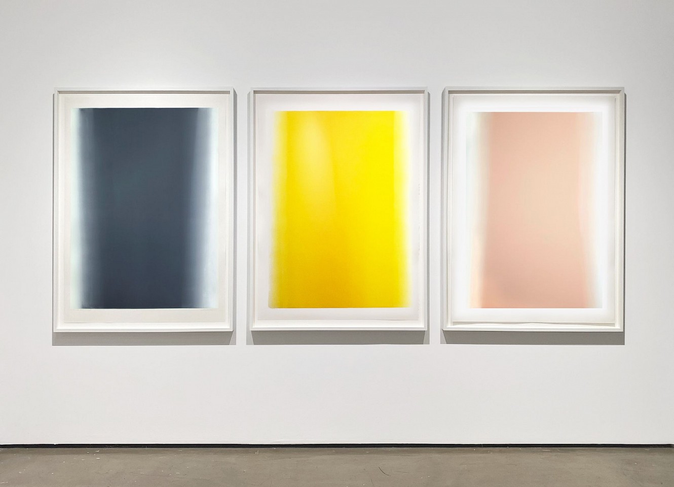 Betty Merken
Illumination Installation, 2020
MER944
monotype on rives bfk paper, 54 x 39 inch paper / 58 x 43 inch frames / 58 x 133 inch group
Smoke, Yellow, Rose Quartz