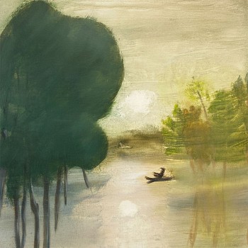 Work: Poogy Bjerklie Jordan Pond, 2021 oil on paper mounted on wood panel 18 5/8 x 18 5/8 inches BJE145
