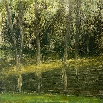 Work: Poogy Bjerklie Trout Pond Day, 2021 oil on paper mounted on wood panel 12 x 12 inches BJE138