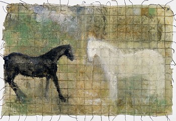 Jane Rosen - Horses on Hill, 2015 casein and beeswax on Japanese paper with threads 20 x 30 inches ROSEN283