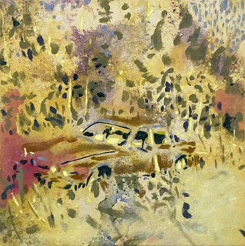 Work:&nbsp;Tessa Greene O'Brien Golden, Water St., 2021 acrylic and oil on dyed canvas 20 x 20 1/8 inches TGO002