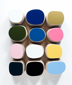 Andrew Zimmerman (LA) -&nbsp;Blue over White, 2022 Automotive paint on wood 16 1/2 x 13 x 2 3/4 inches ZIM999