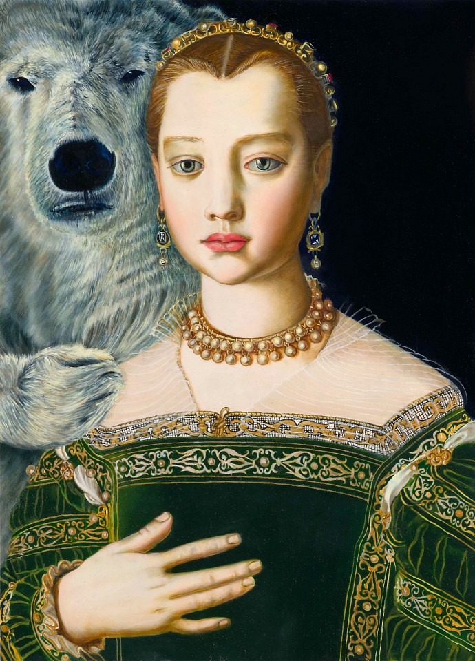 Andrea Hornick
Aurora Imbued Mother Bear Offers Maria de Medici Pastel Ice Cream To Ease Her Young Death, 2021
HORN012
oil on panel, 20.5 x 15 inches