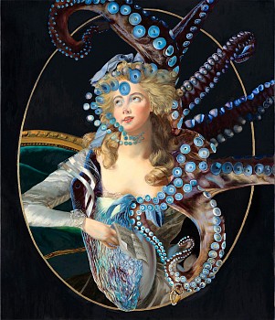 Work:&nbsp;Madame Grand in Skin-Sucker Reverie with Bag Pipe Third Eye Octopus, 2022 oil on linen 27 x 23 inches HORN015