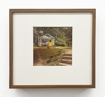 Work: Cabin vintage photograph and thread 5 x 5 inches image / 9 1/2 x 10 1/4 inches framed Stein351