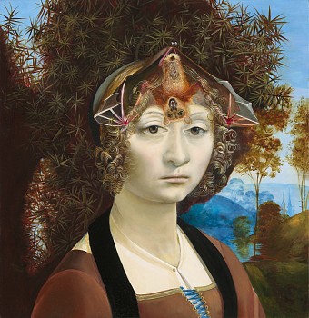 Andrea Hornick - Short Nosed Fruit Bat Hangs with Genevra de Benci on Spike-Protein-Like Juniper Tree Screaming Don't Shoot the Messenger, 2022 oil on panel 15 x 14 1/2 inches HORN014