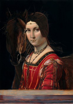 Work:&nbsp;Wild Mare's Comet Eye Spirals into Lucrezia Crivelli's Dream to Absolve her of Mistress Guilt in the Face of Courtly Politic, 2022 oil on panel 17 x 24 inches HORN016