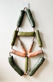 Work:&nbsp;Jen Wink Hays Secret Chief, 2023 paper mache, acrylic, lacquer, and natural rope 80 x 46 x 6 inches JWH154