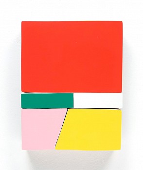 Andrew Zimmerman (LA) -&nbsp;Red over White, Green, Pink, Yellow, 2023 Automotive paint on wood 10 x 8 x 2 inches ZIM1064