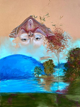 Andrea Hornick (LA) - Study from Short Nosed Fruit Bat Hangs with Genevra de Benci on Spike-Protein-Like Juniper Tree Screaming Don't Shoot the Messenger, 2023 chalk pastel and graphite on paper 18 x 24 inches HORN020