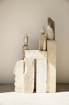 Jane Rosen (LA) -&nbsp;4 Morandi, 2013 hand blown pigmented glass & limestone 58 x 31 x 16  inches ROSEN257