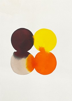 Work:&nbsp;4 touching circles (opaque yellow, orange brown, and tan), 2023 ink, watercolor and pencil on paper 29 x 21 inches / 32 1/2 x 24 1/4 inches framed SANCH1015