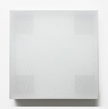 Work:&nbsp;Small White Cross, 2023 mixed media on wood panel with voile fabric 23 x 23 x 2 1/2 inches MAY422