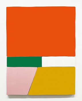 Andrew Zimmerman - Red Over Green, Yellow, White and Pink, 2024 Automotive paint on wood 55 x 40 x 1 1/2 inches ZIM1132