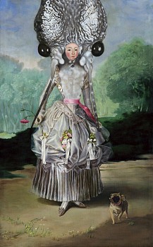 Andrea Hornick - Stroll in Garden with Small Dog and Large Ear Muffs That Double as an Estate Melodizer, 2009 oil on canvas 18 x 11 inches HORN033