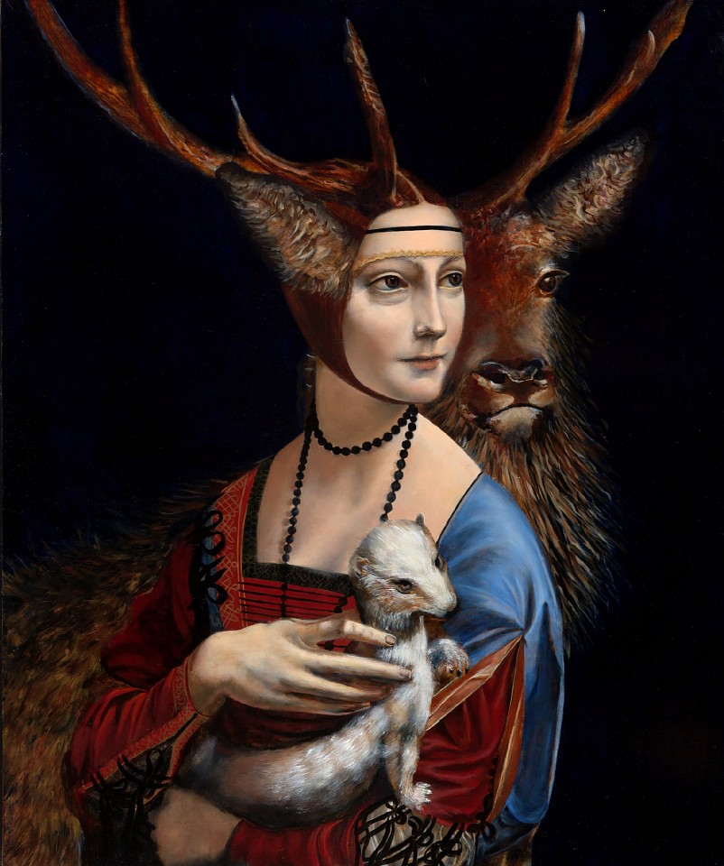 Andrea Hornick
Fluffy Stag Lends Ear to Cecilia Gallerani, Pulling Back from Duke’s Ermine, Foil to Cecilia and Duke’s Future Fetus, Intercepting Inner Knowing, 2025
HORN034
oil on panel, 19.6 x 23.6 inches