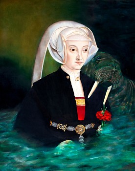 Andrea Hornick - Lady Receives Guidance while Riding Liberation Generated Emotional Waves; Walrus’ Hug Ensures Endless Flow of Divine Love as Evidenced by Red Carnation; she Calculates her Stores of Affection, 2016 oil on panel 18 x 20 inches HORN035