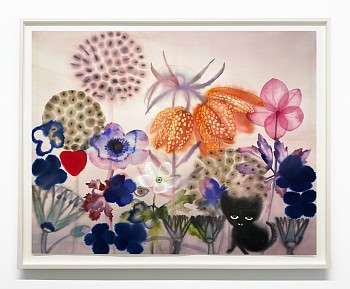 Work: Egyptian lotus and little black guardian, 2025 ink, watercolor and pencil on paper 43 x 55 inches SANCH1069