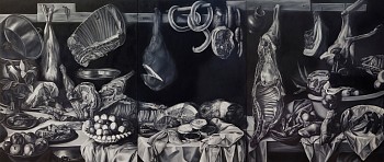 Work: Meat (after Snyders, Beuckelaer, Aertsen, van Schooten, Desportes, Claesz, van Aelst, de Heem, Melendez, F. van Dyck, Empoli, and Peeters), 2022 oil on canvas 75 x 176 inches ree336