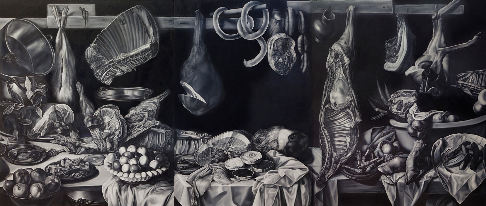 Shelley Reed
Meat (after Snyders, Beuckelaer, Aertsen, van Schooten, Desportes, Claesz, van Aelst, de Heem, Melendez, F. van Dyck, Empoli, and Peeters), 2022
ree336
oil on canvas, 75 x 176 inches