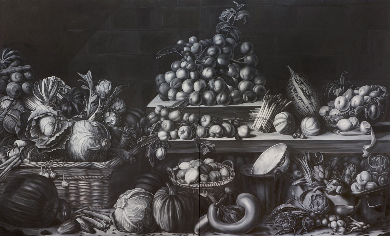 Shelley Reed
Fruit (after Syders, Utrecht, Bimbi, de Gheyn, Cotan, Steenwyck, Desportes, Aertsen, and Mignon), 2022
ree338
oil on canvas, 78 x 129 inches