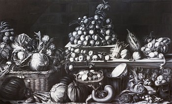 Work: Fruit (after Snyders, Utrecht, Bimbi, de Gheyn, Cotan, Steenwyck, Desportes, Aertsen, and Mignon), 2022 oil on canvas 78 x 129 inches ree338