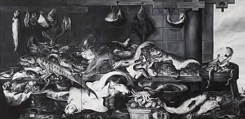 Shelley Reed -&nbsp;Fish (after Snyders and de Vos), 2020 - 2022 oil on canvas 84 x 171 inches ree342