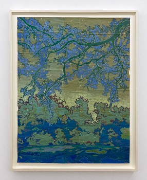 Work:&nbsp;Moon-pool, Tree-song, 2025 gouache, flashe, and thread on found paper 48 x 36 inches / 52 1/2 x 40 1/2 inches framed CRADD122