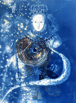 Andrea Hornick (LA) -&nbsp;Queen Elizabeth&rsquo;s Body Politic in Aqueous Down Time with Seahorse, 1/7, edition of 7, 2026 cyanotype 24 x 18 inches HORN037