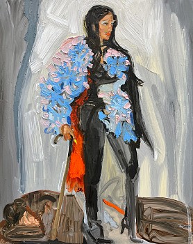 Work:&nbsp;Fashion Victim (Red Lining), 2026 oil on panel 14 x 11 inches SPENC361